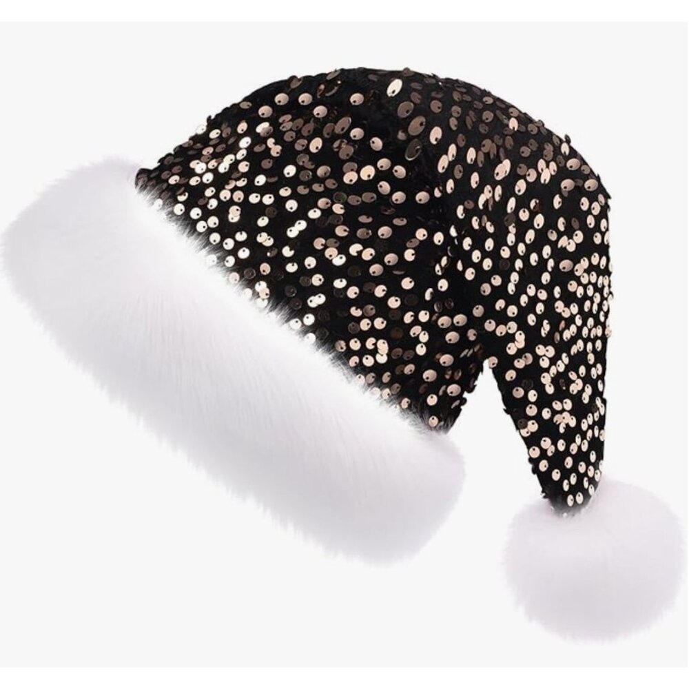 Ausejopeac 2PACK Black Christmas Hat for Adults, Personalized Sequin Santa Hat